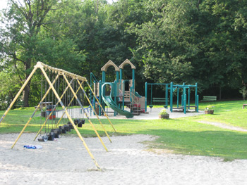 a swingset and larger playscape